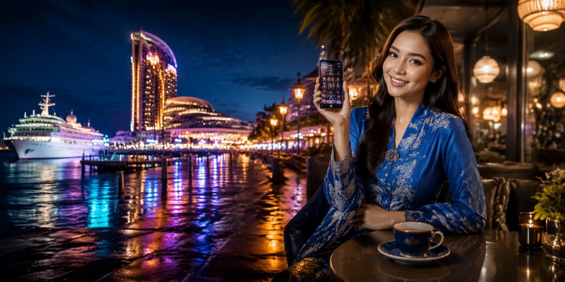 Wanita Malaysia berbaju kurung menggunakan kasino mudah alih dengan suasana tempatan